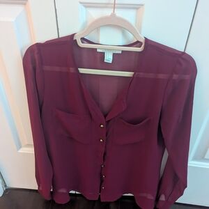 Sheer Burgundy Button-Up Blouse